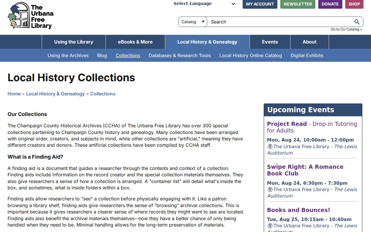 Champaign County Historical Archives collection scope and finding-aid page