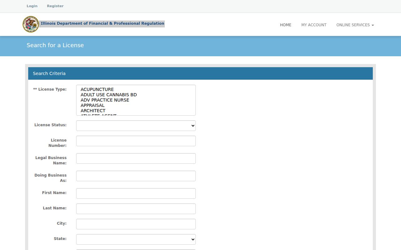 Illinois professional license lookup fields for name, status, city, county, and ZIP