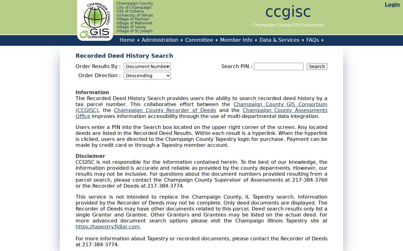 CCGISC recorded deed history PIN search and ordering controls